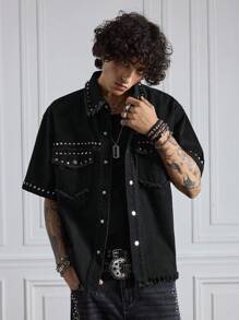 ROMWE MEN Street Life Men's Street Casual Frayed Button Short Sleeve Denim Shirt - Black - View 4