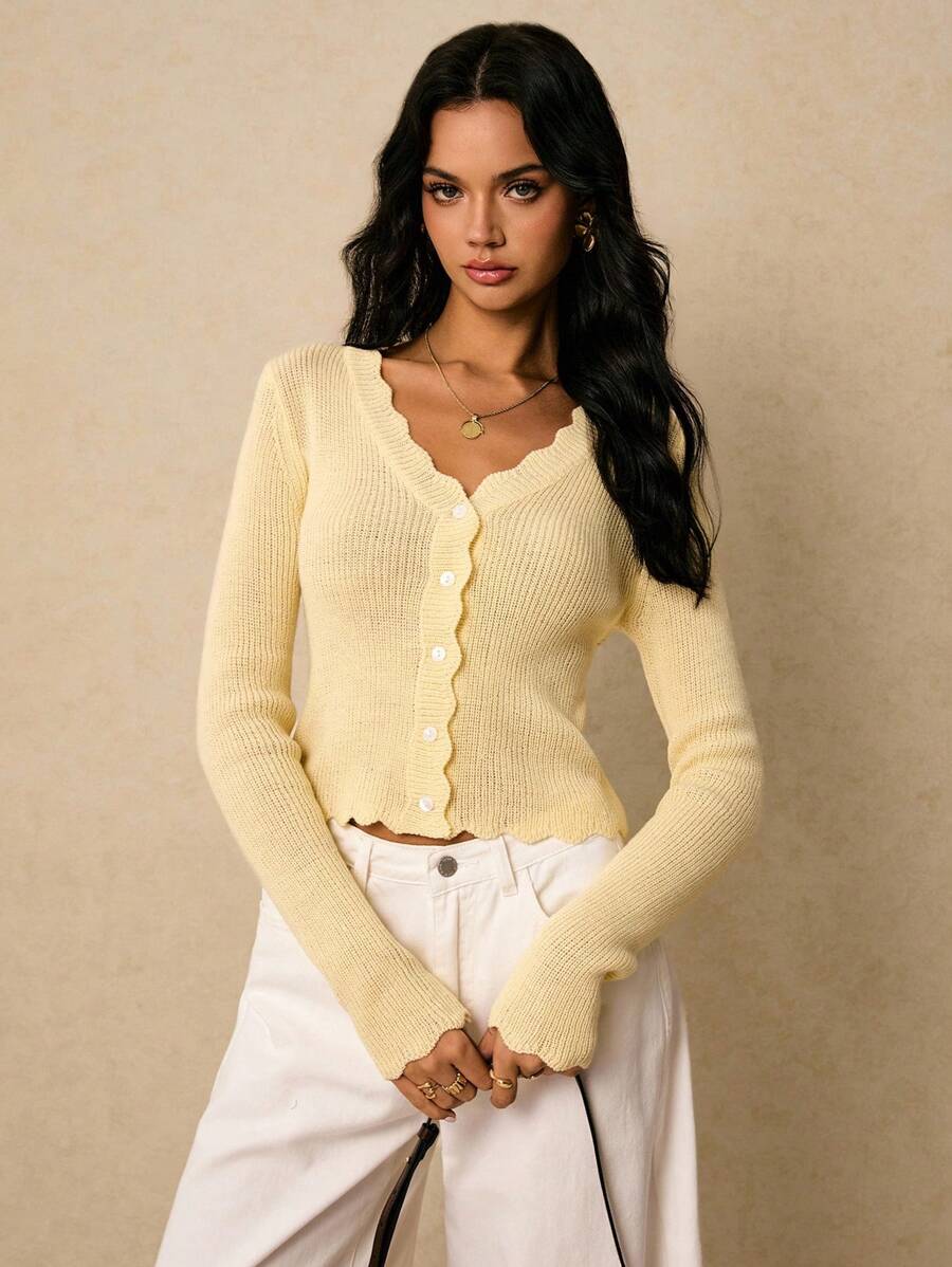 Poéselle Áo len cardigan dệt kim tay dài một hàng khuy cổ chữ V màu trơn dành cho nữ - Màu vàng - Xem 1