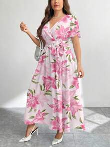 SHEIN PETITE CURVE 大码女式花卉印花荷叶边袖优雅度假连衣裙 - 粉色 - 查看 5