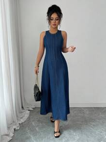 Elenzga 女式夏季休闲无袖长款牛仔连衣裙 - 深色水洗藍 - 查看 3