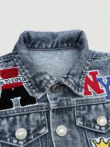 Denimly Young Boy Loose Light Wash Ripped Denim Jacket,American Vintage Street Chic 97 Embroidered Badge,Winter,Career Day,Back-To-School Casual Coat - Light Wash - View 4
