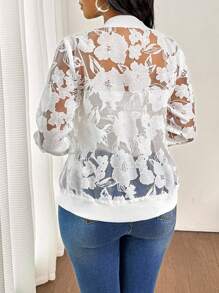 SHEIN Lady Chaqueta delgada de malla blanca bordada, con diseño suelto y casual, para uso diario de las mujeres