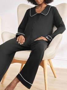BloomMama 2pcs Color Block Trim Collar Cuff Letter Embroidered Long Sleeve Loungewear Set For Pregnant Women - Black - View 1