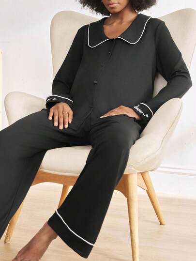 BloomMama 2pcs Set Pakaian Santai Lengan Panjang dengan Bordir Huruf dan Kerah, Trim Blok Warna, dan Manset untuk Wanita Hamil