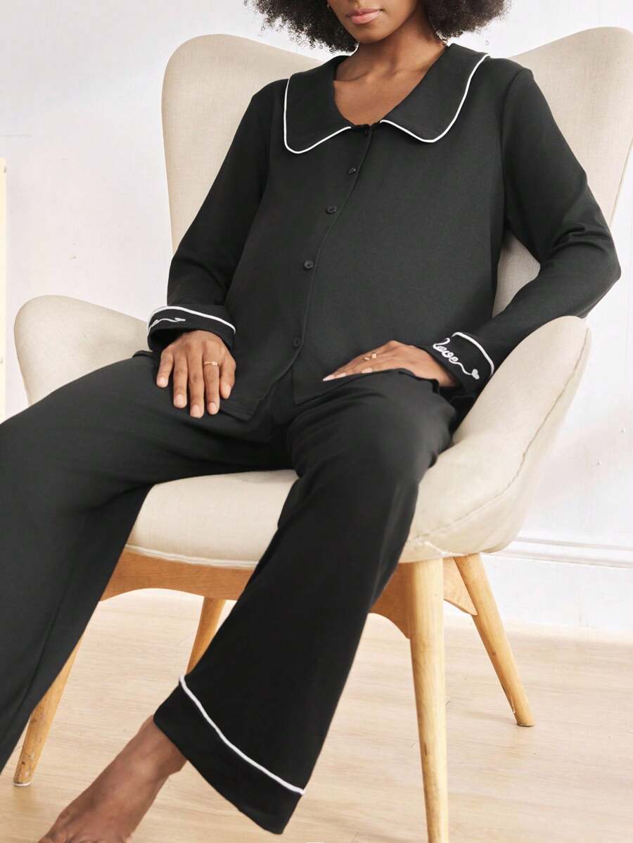 BloomMama 2pcs Color Block Trim Collar Cuff Letter Embroidered Long Sleeve Loungewear Set For Pregnant Women - Black - View 1