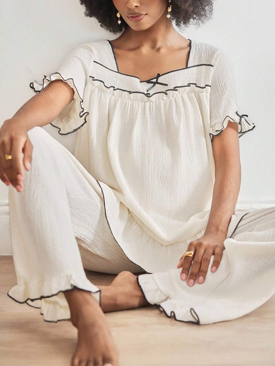 Moonlight&Mama Contrast Color Trim Bowknot Ruffle Decorated Short Sleeve Top & Long Pants Maternity Loungewear Set Holiday Season - Beige - View 1