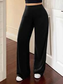 Dazy Plus Pantalones casuales de punto con cintura elástica y pierna acampanada de unicolor