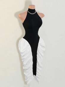 Mistrie Váy midi bó sát không tay cổ đứng thắt nơ màu tương phản cổ điển thanh lịch mùa hè cho nữ - Đen và trắng - Xem 5