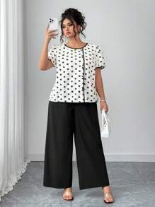 Elenzga Plus Size Women Contrast Color Ditsy Floral Short Sleeve Slimming Casual Elegant Top & Wide Leg Pant 2 Pieces Set