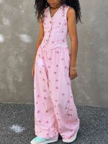 Coolane Kids Áo ba lỗ và quần dài màu hồng họa tiết sọc và nơ dễ thương cho bé gái tuổi mới lớn, trang phục hai mảnh, lễ tốt nghiệp - Hồng - Xem 4