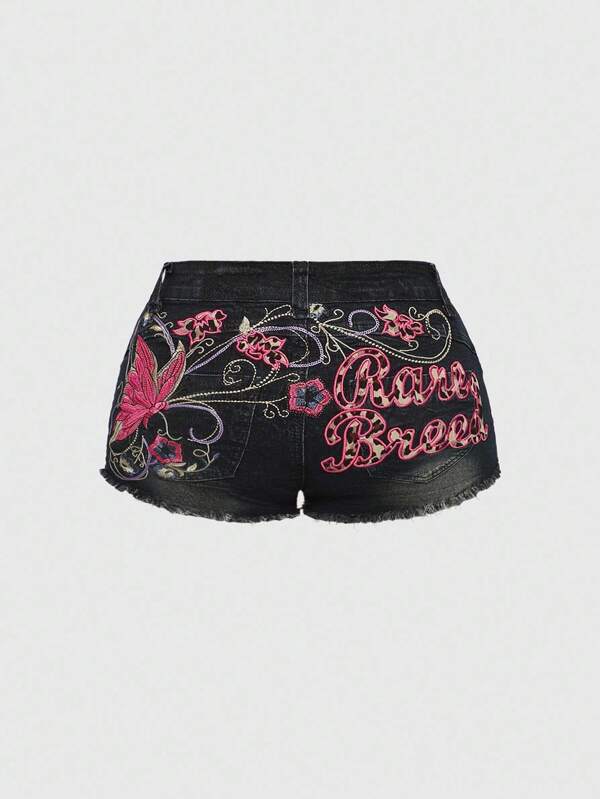 ROMWE Fairycore Y2K Baddie Tight Butterfly Embroidery Distressed Washed Plus Size Denim Shorts