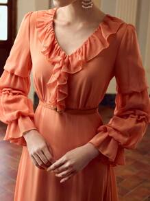 ZEYLAH Women's Elegant Floral Lace Trim Long Sleeve Dress, Solid Color Fall Cloth For Women