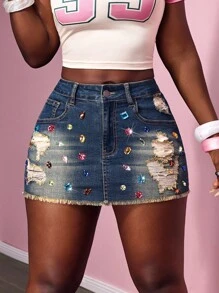 Slaydiva 女式夏季时尚做旧水钻装饰磨损下摆牛仔迷你裙 - 藍色 - 查看 4