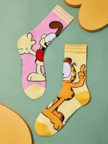 GARFIELD | SHEIN 1双柔软透气吸湿排汗休闲女士中筒袜，卡通条纹图案，时尚可爱黄色和粉色中筒袜，加固脚趾和脚跟，经久耐用，四季百搭 - 彩色 - 查看 6