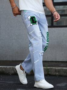 Manfinity LEGND Men's Street Casual Distressed Patchwork Embroidered Patch Rivet Decor Ripped Jeans Streetwear Jeans Men Graphic Jeans Patched For Tapered - Light Wash - View 4