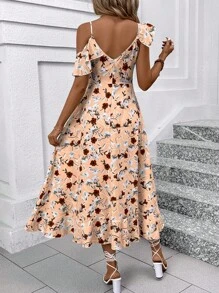 SHEIN Clasi Women's Ruffle Floral Printed Ruffle Hem Vacation Dress Maxi Women Outfit - Multicolor - View 2