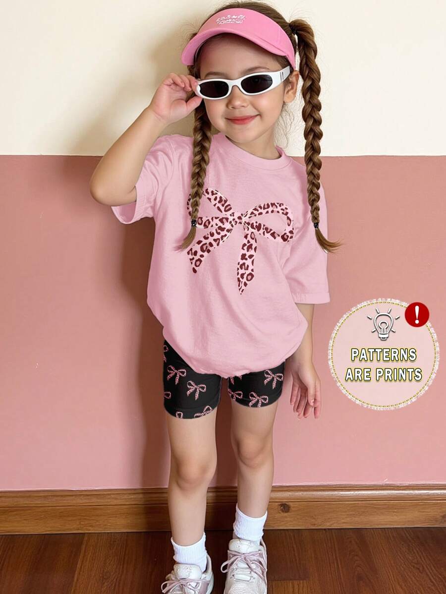 SHEIN 2pcs/Set Young Girl Casual Minimalist Short Sleeve Shorts Suit, Suitable For Summer
