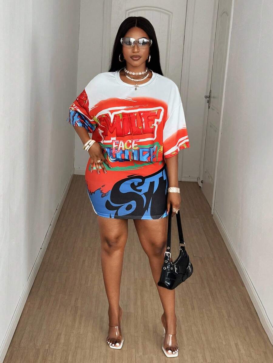 Maweii Plus Size Women 2pcs Set Letter Print Short Sleeve Top And Bodycon Mini Skirt Casual Sports Street Outfit