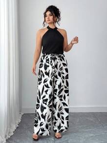 Elenzga Bộ 2 quần dài họa tiết hoa thời trang xuân/hè/thu thoải mái, đi làm, đi chơi, đi du lịch cho nữ, chất liệu vải đa năng, thoải mái, có cổ cài nút sau lưng, có thắt lưng co giãn, cỡ lớn, màu đen - màu đen - Xem 4