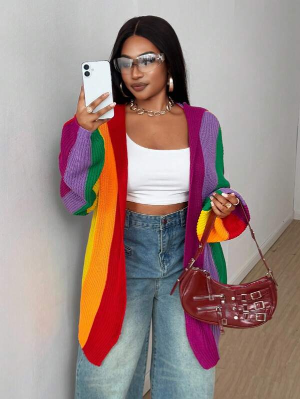 Maweii Plus Size Women Rainbow Striped Cardigan Sweater