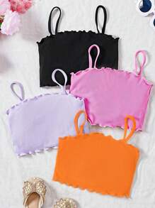 4pcs/Set Young Girl Back To School Knitted Solid Fitted Camisole Set - Orange - View 1