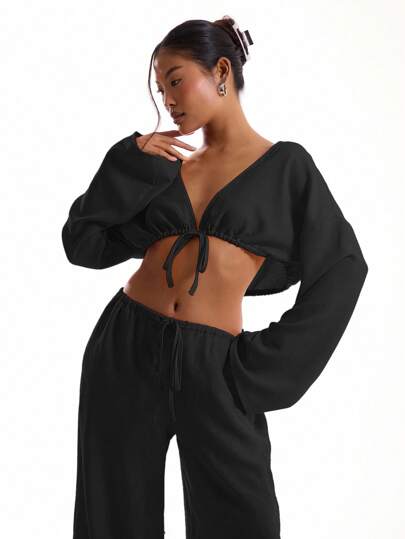 MUSERA Linen Feel Tie Front Wide Sleeve Beach Top Summer Holiday Ibiza Beachwear Boho Vacation Summer Sexy Elegant Ibiza Holiday Going Out Tops Club Party Spring