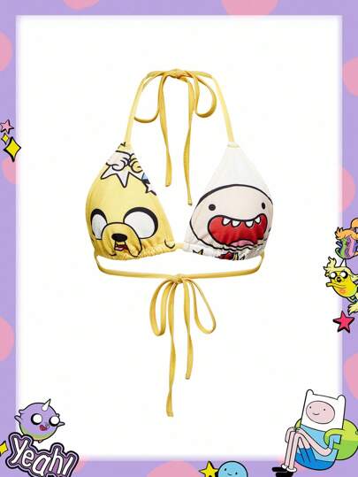 Adventure Time X ROMWE Summer Sexy Cartoon Graphic Tie Backless Crop Halter Top