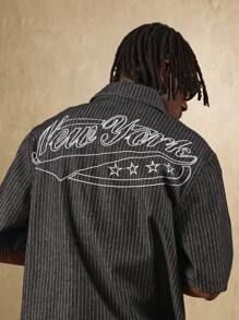 SUMWON Varsity Style Embroidered Back Short Sleeve Boxy Fit Denim Shirt Stripe Pattern Urban Streetwear Retro Classic Summer Casual - Black - View 1