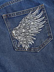SHEIN MOD Quần short denim nữ, Dòng Angel Wing, Thiết kế Angel Wing, Phong cách thường ngày thanh lịch khi đi làm, Denim cũ, Thêu bạc, Chi tiết đính đá - Màu xanh lam - Xem 3