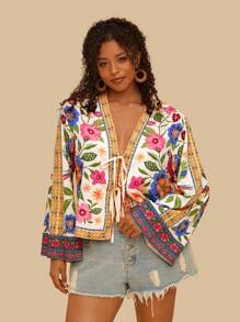 Travachic Blusa Cropped Solta com Mangas Morcego 3/4, Estampa Floral em Viscose, Amarração na Frente, Plus Size, Padrão Colorido de Papagaio e Flor para Blusas Boêmias de Férias Estilo Kimono