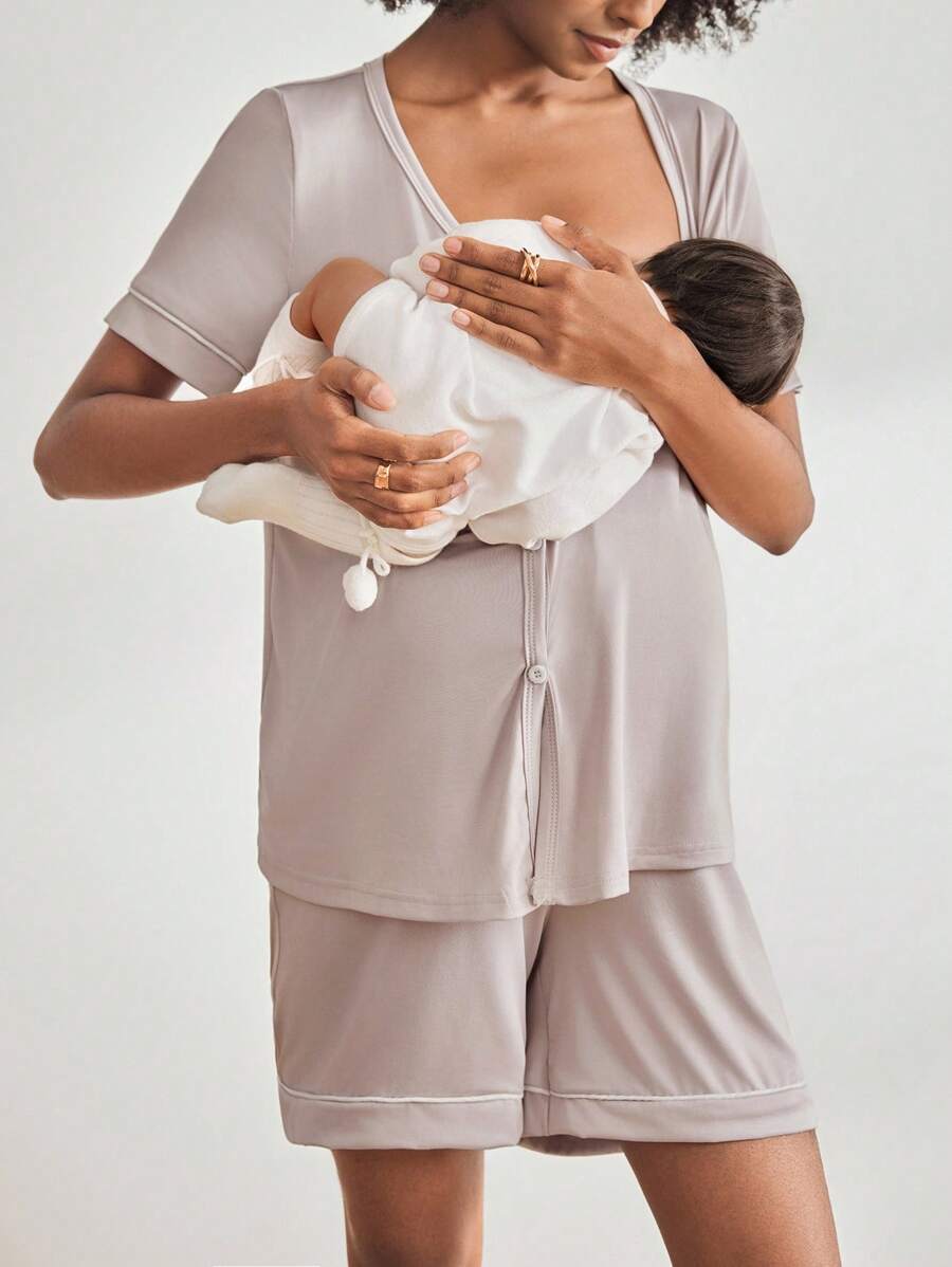 BloomMama 2 Packs Maternity Short Sleeve Nursing Pajama Set With Button ,Lounge Set Fashion Sleepwear - Grey - View 1
