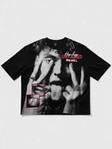 ROMWE MEN Street Life Men's Mesh Print Technique Hip Hop Character Printed Short Sleeve T-Shirt - Black - View 4