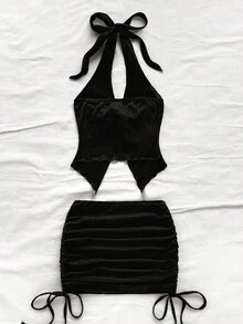 Soleia Bộ đồ 2 món cho nữ - Áo hở lưng cổ chữ V buộc dây xoắn và chân váy mini nhún bèo cạp thấp, chất liệu vải họa tiết, trang phục đi nghỉ/tiệc tùng/hẹn hò, mùa hè - màu đen - Xem 2