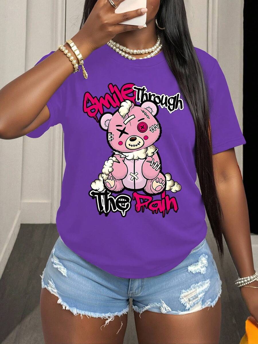 BamGleam 修身女式休闲短袖 T 恤，舒适，圆领，时尚印花女式夏季 T 恤，街头潮流，带有熊图案和“Smile Through The Pain”文字 Smile Through The Pain 图案 T 恤女式上衣 - 紫色 - 查看 1