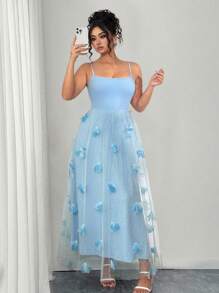 Elenzga Robe bleue à fleurs 3D en maille à bretelles pour grandes tailles, design élégant pour les sorties, les rendez-vous, les vacances, convient pour le printemps/l'été - Bleu azur - Voir 5