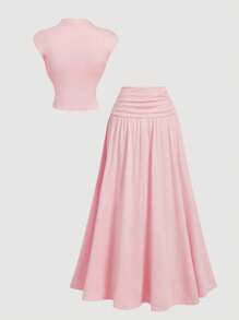 SHEIN MOD Light Pink 2 Pieces Set: Stand Collar Top & Fitted Skirt - Baby Pink - View 2