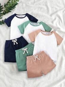 SHEIN Vintaside Kids 6 件套婴幼儿男童休闲撞色插肩袖圆领短袖 T 恤和运动短裤套装，适合夏季，颜色：藏青色、浅绿色、浅橙色、白色 - 彩色 - 查看 3