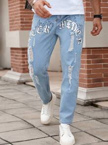 Manfinity Roughcore American Streetwear Style Letter Print Patch Ripped Skinny Fit Luxury Distressed Jeans Men Graphic Jeans - Blue - View 4