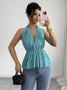 Rafferiza Neck Tie Gathered Waist Casual Commuter Blouse, Spring/Summer - Blue - View 4