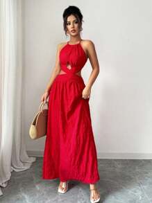 Chiquease 女式无袖交叉露背夏季连衣裙 - 紅色 - 查看 3