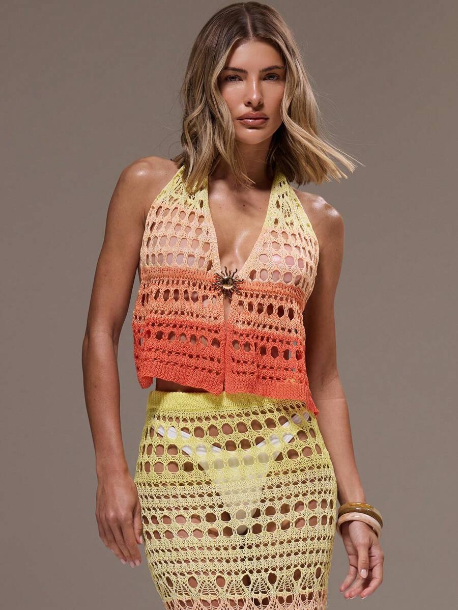 MUSERA Top con detalle de tejido de ganchillo abierto en degradado, escote halter, para vacaciones de verano en Ibiza, elegante, lindo, para playa, festival, rave, estilo bohemio, vacaciones, verano, femenino, en tonos pastel