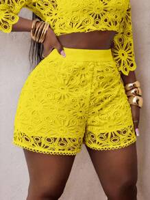 BamGleam Spring/Summer New Elegant Casual Solid Color Floral Hollow Loose Shorts For Women