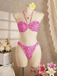 Swim Mod Women's Sweet Ditsy Floral Halter Tie Neck Ruched Swimsuit With Bottoms, Europe And America Fashion Holiday Beach Swimwear Set For Summer Beach Vacation