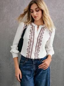 Poéselle 女士度假植物刺绣单排扣长袖休闲衬衫