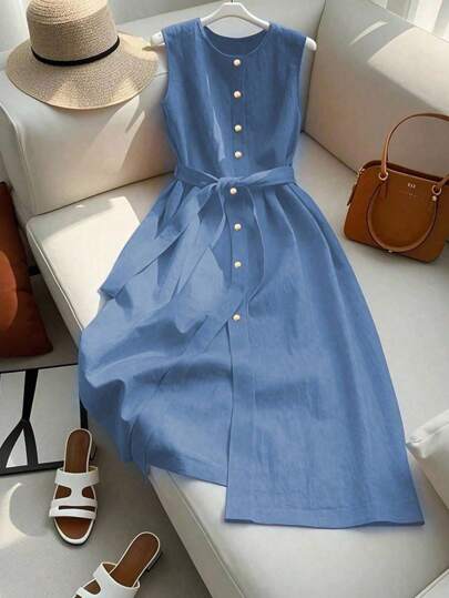 Franclia 法国高端蓝色单排扣无袖纯色圆领吊带裙