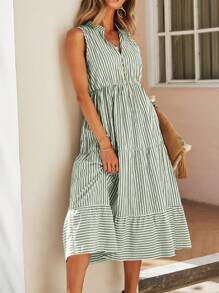 Breezaya 女款条纹印花缺口领A字长裙度假海滩装 - 綠色 - 查看 5