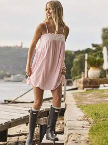 Aralina Summer / Fall Beach Vacation Broderie Trim Baby Doll Pink Mini Dress - Pink - View 1