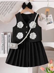 2pcs Young Girl Casual Black 3D Flower Decor Vest + Pleated Skirt Set, Summer - Black - View 7