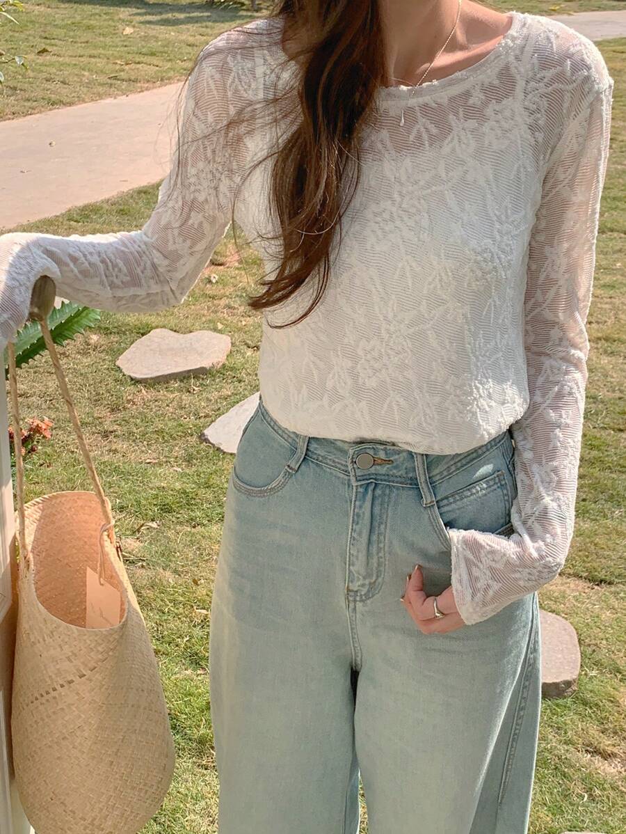 DAZY 女士圆领长袖简约透视上衣，休闲日常穿着 - 米色 - 查看 1