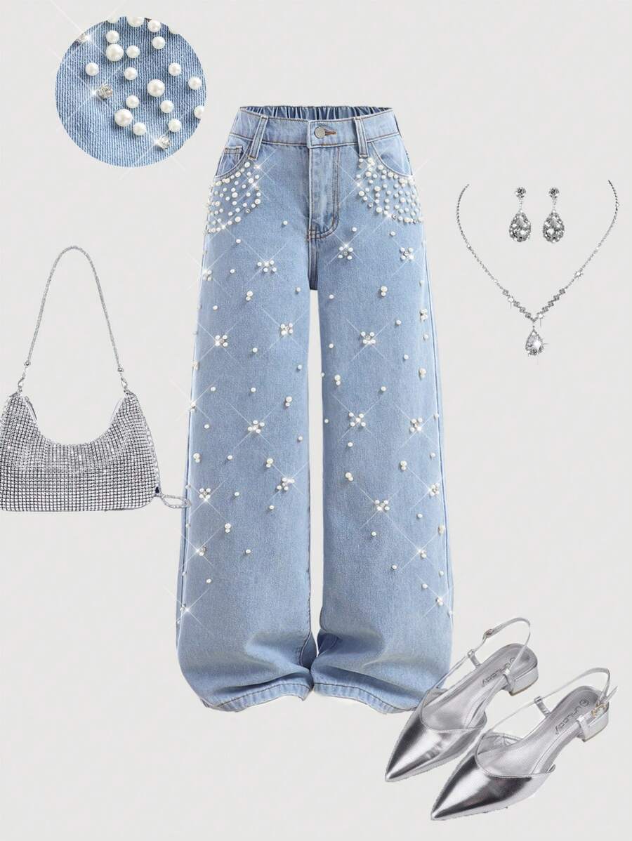 Girlism 这款少女优雅浅色水洗牛仔直筒裤，正面纽扣口袋饰以仿珍珠，简约休闲，裤脚采用毛边设计，适合春夏季节、节日、毕业典礼、秋冬季穿着。 - 淺色水洗藍 - 查看 1